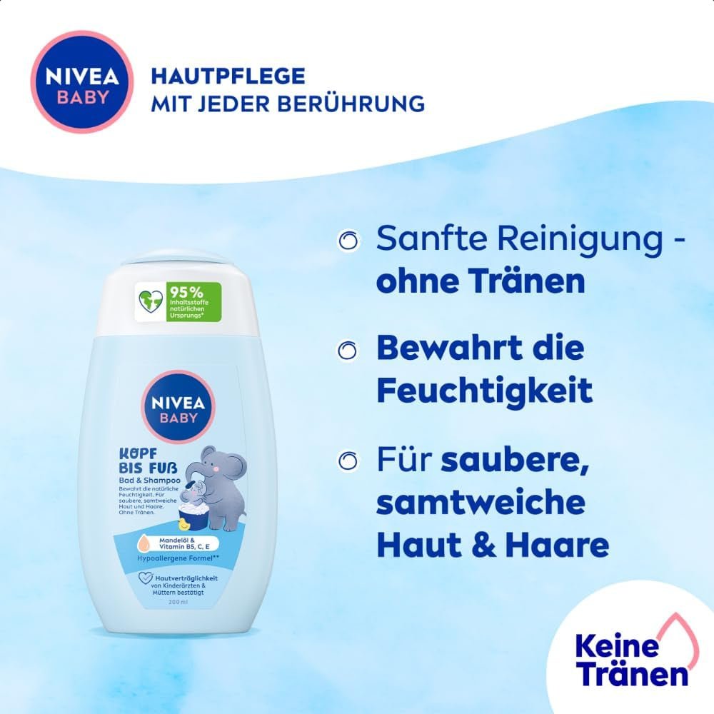 NIVEA BABY bagno&shampoo testa-piedi, shampoo vegano delicato per pelle e capelli dei bambini con olio di mandorle, gel doccia rilassante con formula ipoallergenica senza parabeni e microplastiche (200 ml) Bambini - Bagno e Cura della Pelle Naty Shop