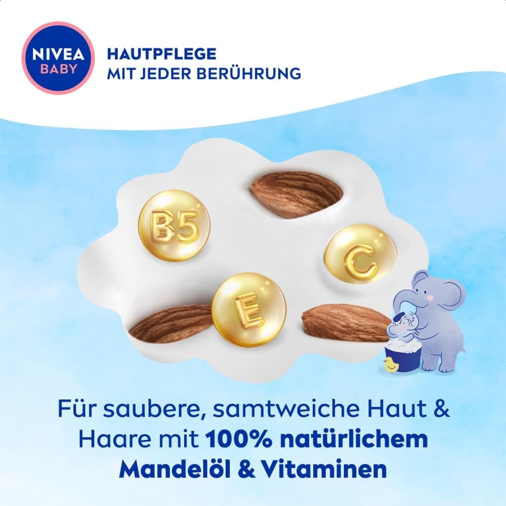 NIVEA BABY bagno&shampoo testa-piedi, shampoo vegano delicato per pelle e capelli dei bambini con olio di mandorle, gel doccia rilassante con formula ipoallergenica senza parabeni e microplastiche (200 ml) Bambini - Bagno e Cura della Pelle Naty Shop