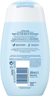 NIVEA BABY bagno&shampoo testa-piedi, shampoo vegano delicato per pelle e capelli dei bambini con olio di mandorle, gel doccia rilassante con formula ipoallergenica senza parabeni e microplastiche (200 ml) Bambini - Bagno e Cura della Pelle Naty Shop