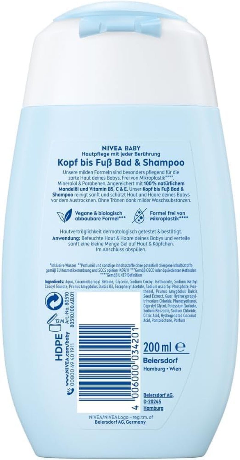NIVEA BABY bagno&shampoo testa-piedi, shampoo vegano delicato per pelle e capelli dei bambini con olio di mandorle, gel doccia rilassante con formula ipoallergenica senza parabeni e microplastiche (200 ml) Bambini - Bagno e Cura della Pelle Naty Shop