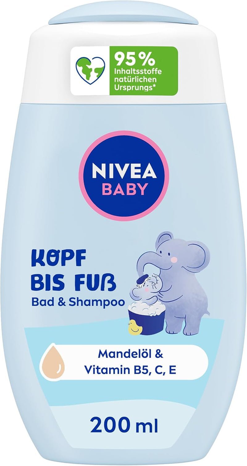 NIVEA BABY bagno&shampoo testa-piedi, shampoo vegano delicato per pelle e capelli dei bambini con olio di mandorle, gel doccia rilassante con formula ipoallergenica senza parabeni e microplastiche (200 ml) Bambini - Bagno e Cura della Pelle Naty Shop Default title
