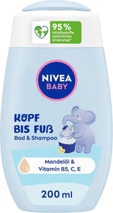 NIVEA BABY bagno&shampoo testa-piedi, shampoo vegano delicato per pelle e capelli dei bambini con olio di mandorle, gel doccia rilassante con formula ipoallergenica senza parabeni e microplastiche (200 ml) Bambini - Bagno e Cura della Pelle Naty Shop Default title