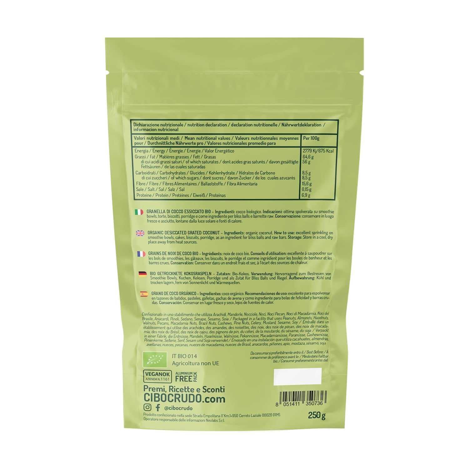 Cocco biologico grattugiato - 200g. Scaglie di cocco essiccate Non zuccherate e secche. Scaglie di cocco. Scaglie di cocco essiccate al sole. Ottimi come snack e per ricette dolci Naty Shop Prodotti Disidratati