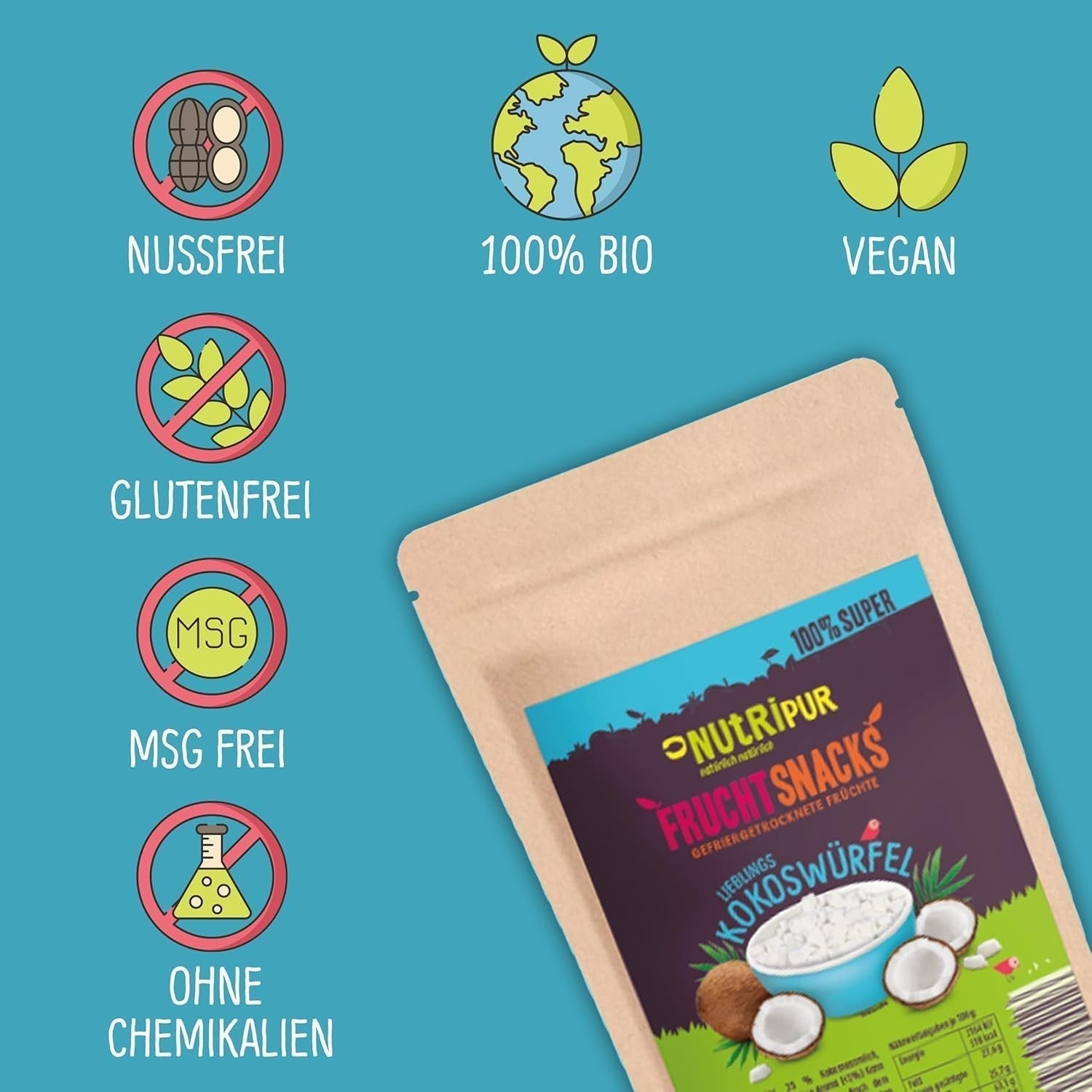 Cocco liofilizzato: 50g frutta liofilizzata - dolci vegani cubetti di cocco zuccherato - frutta essiccata naturalmente da NutriPur Prodotti disidratati Naty Shop