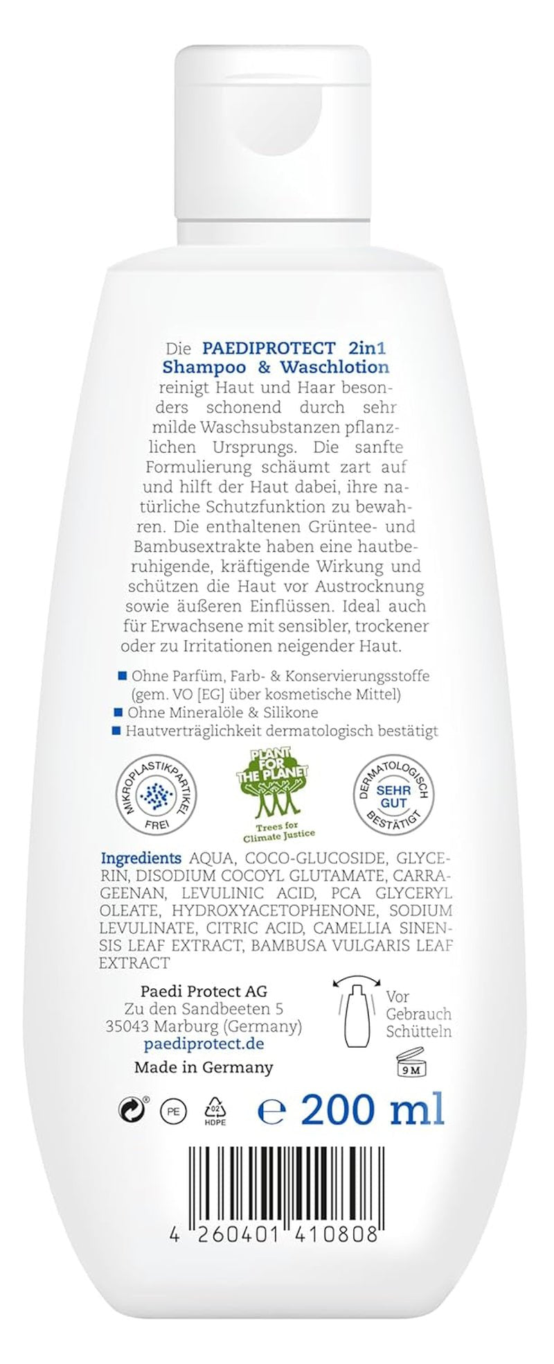 PAEDIPROTECT 2in1 shampoo e lozione lavante per neonati e bambini 200 ml, detersione delicata e capelli senza profumo e microplastiche, il bagnoschiuma idrata la pelle secca e sensibile, anche degli adulti Bambini - Bagno e Cura della Pelle Naty Shop