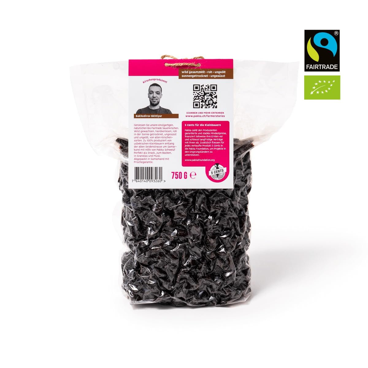 PAKKA - Ciliegie del commercio equo e solidale essiccate al sole 750g, Ciliegie biologiche raccolte selvatiche, non zuccherate, non zuccherate direttamente da piccoli agricoltori di Samarcanda, Uzbekistan, Vegan, 750g Naty Shop Prodotti disidratati