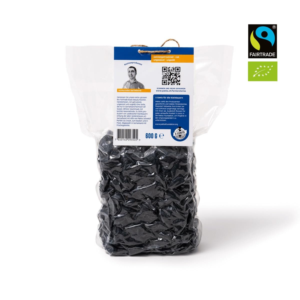 PAKKA - Uva passa biologica Fairtrade Black Beauty 600gr, uva nera biologica, senza semi, essiccata al sole, senza olio, quindi appiccicosa, non solforata, direttamente da piccoli agricoltori a Samarcanda in Uzbekistan Prodotti disidratati Naty Shop
