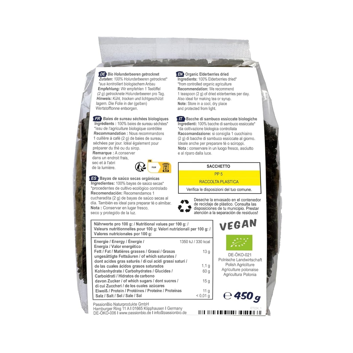 PassionBio Bacche di Sambuco Secche Bio 450g - Bacche di Sambuco Nere per Tè e Sciroppi - Vegan, Senza Conservanti, Senza Zuccheri Aggiunti (A Norma di Legge) Prodotti disidratati Naty Shop