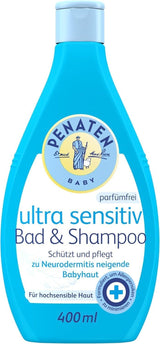 PENATEN Ultra Sensitive Bath & Shampoo (400 ml), bagnetto e shampoo particolarmente delicato per la pelle molto sensibile dei bambini soggetta a neurodermite, gel doccia e shampoo per capelli senza profumo e coloranti Bambini - Bagno e cura della pelle Naty Shop 400 Ml (1 confezione) Gel detergente