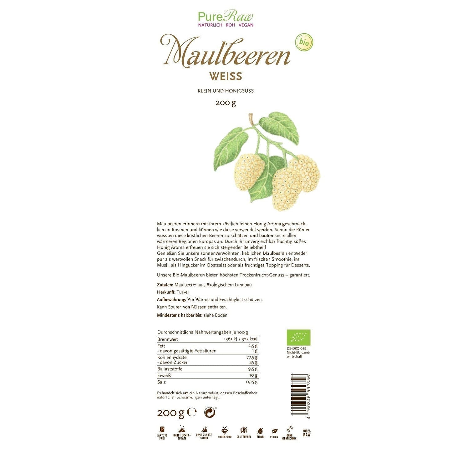 Gelsi bianchi essiccati premium biologici (crudi vegani) Morus Alba Mulberry Fruit - Frutta secca senza zuccheri aggiunti dalla Turchia - Frutta secca di gelsi bianchi crudi biologici | PureRaw 200g Naty Shop prodotti disidratati