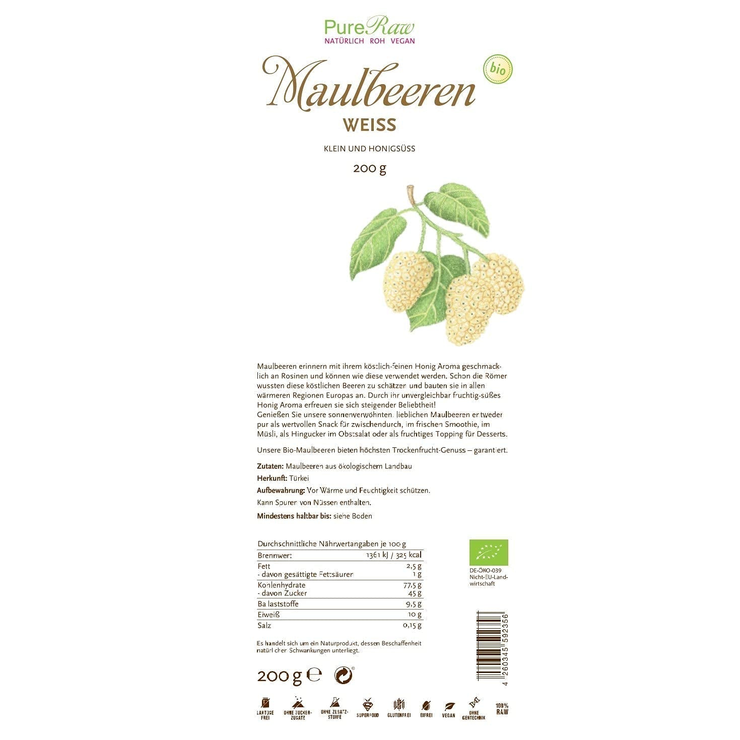 Gelsi bianchi essiccati premium biologici (crudi vegani) Morus Alba Mulberry Fruit - Frutta secca senza zuccheri aggiunti dalla Turchia - Frutta secca di gelsi bianchi crudi biologici | PureRaw 200g Naty Shop prodotti disidratati