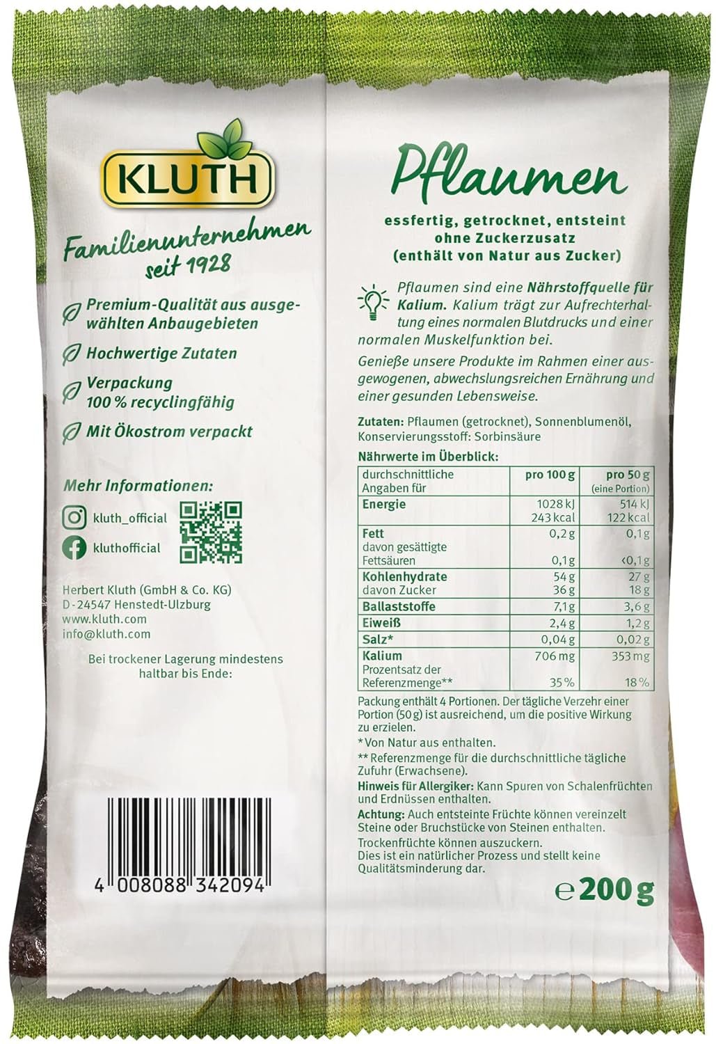 Prugne con nocciolo 200g - Aromatiche, fruttate e naturalmente dolci - Vegane, non solforate, senza nocciolo e senza zuccheri aggiunti - Punteggio nutrizionale A (1 x 200g) Prodotti disidratati Naty Shop