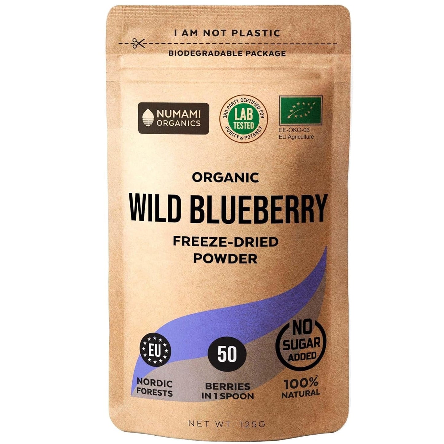 Polvere di mirtilli selvatici biologici, mirtilli interi liofilizzati, qualità alimentare cruda al 100%, ricco di antiossidanti e vitamina C, senza zuccheri aggiunti, raccolti nel Nord Europa Naty Shop Prodotti disidratati 125 Gm