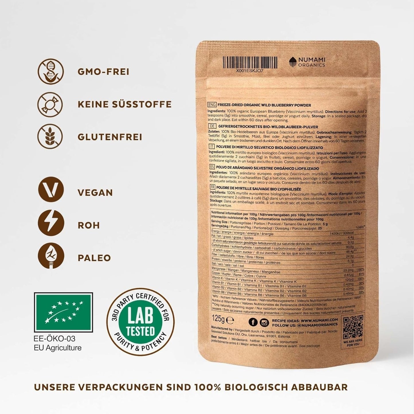 Polvere di mirtilli selvatici biologici, mirtilli interi liofilizzati, qualità alimentare cruda al 100%, ricco di antiossidanti e vitamina C, senza zuccheri aggiunti, raccolti nel Nord Europa Prodotti secchi Naty Shop