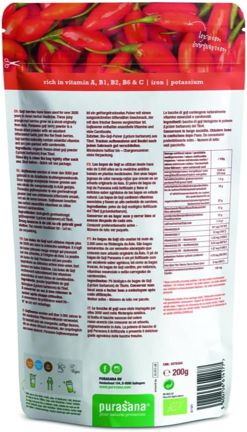 Purasana bacche di goji in polvere dal Tibet da coltivazione biologica controllata (200g) qualità crudista Prodotti disidratati Naty Shop