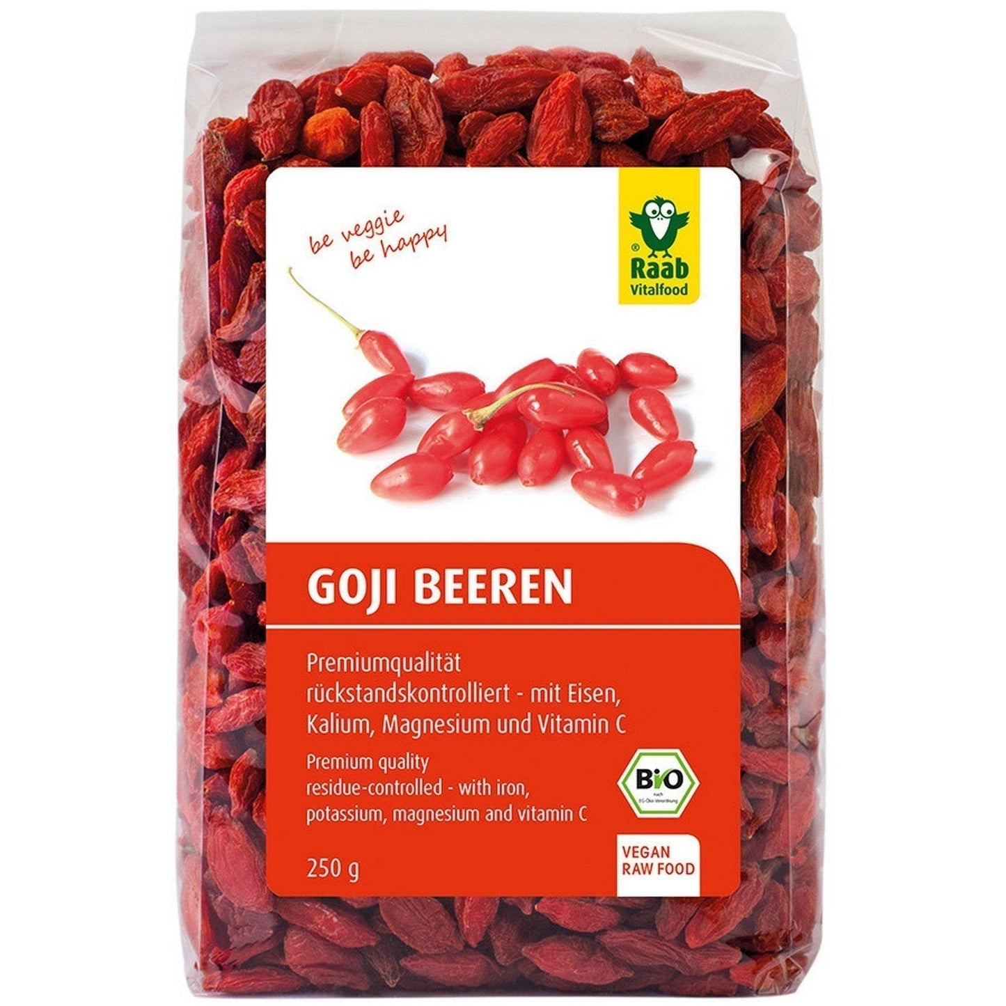 Raab Vitalfood Bacche di Goji Biologiche, Alta Qualità, Residui Controllati, Testati in laboratorio, Senza Zolfo, Senza Additivi, Vegano, Ricco di Ferro Naturale, Potassio, Vitamina C, Wolfberry, 1 Confezione (250g) Naty Shop Prodotti Disidratati 250 Grammi