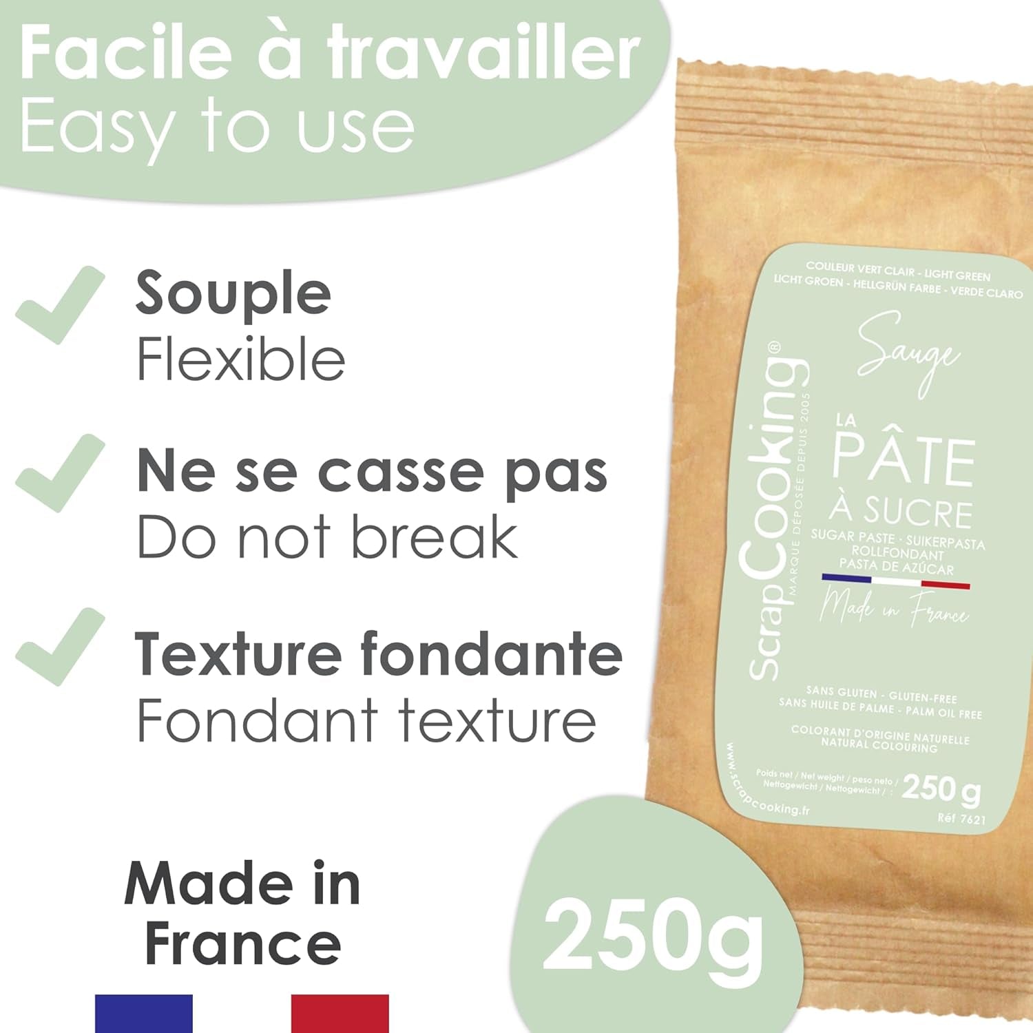 ScrapCooking - Pâte Ã Sucre Vert Sauge 250g - Colorant d'Origine Naturelle - Sans Gluten, Sans Huile de Palme - Pour Gâteaux, Pâtisseries Anniversaire - Vert Pastel - Fabrikie en France - 7621 Pasta di zucchero Naty Shop