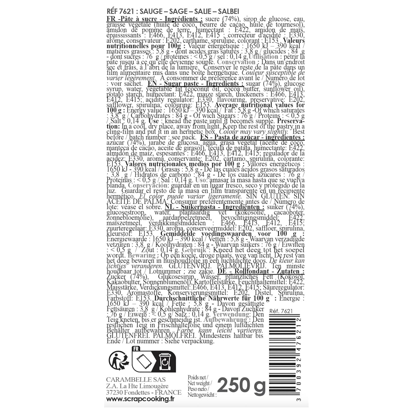 ScrapCooking - Pâte Ã Sucre Vert Sauge 250g - Colorant d'Origine Naturelle - Sans Gluten, Sans Huile de Palme - Pour Gâteaux, Pâtisseries Anniversaire - Vert Pastel - Fabrikie en France - 7621 Pasta di zucchero Naty Shop