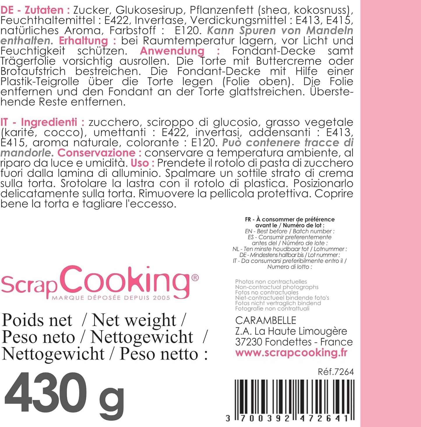 ScrapCooking - Rotolo di fondente rosa â'¬ 36 cm - Fondente nero arrotolato 430 g - Cake topper decorazione fondente topper per torte, dolci, compleanni, feste - Rosa - 7264 Pasta di zucchero Naty Shop