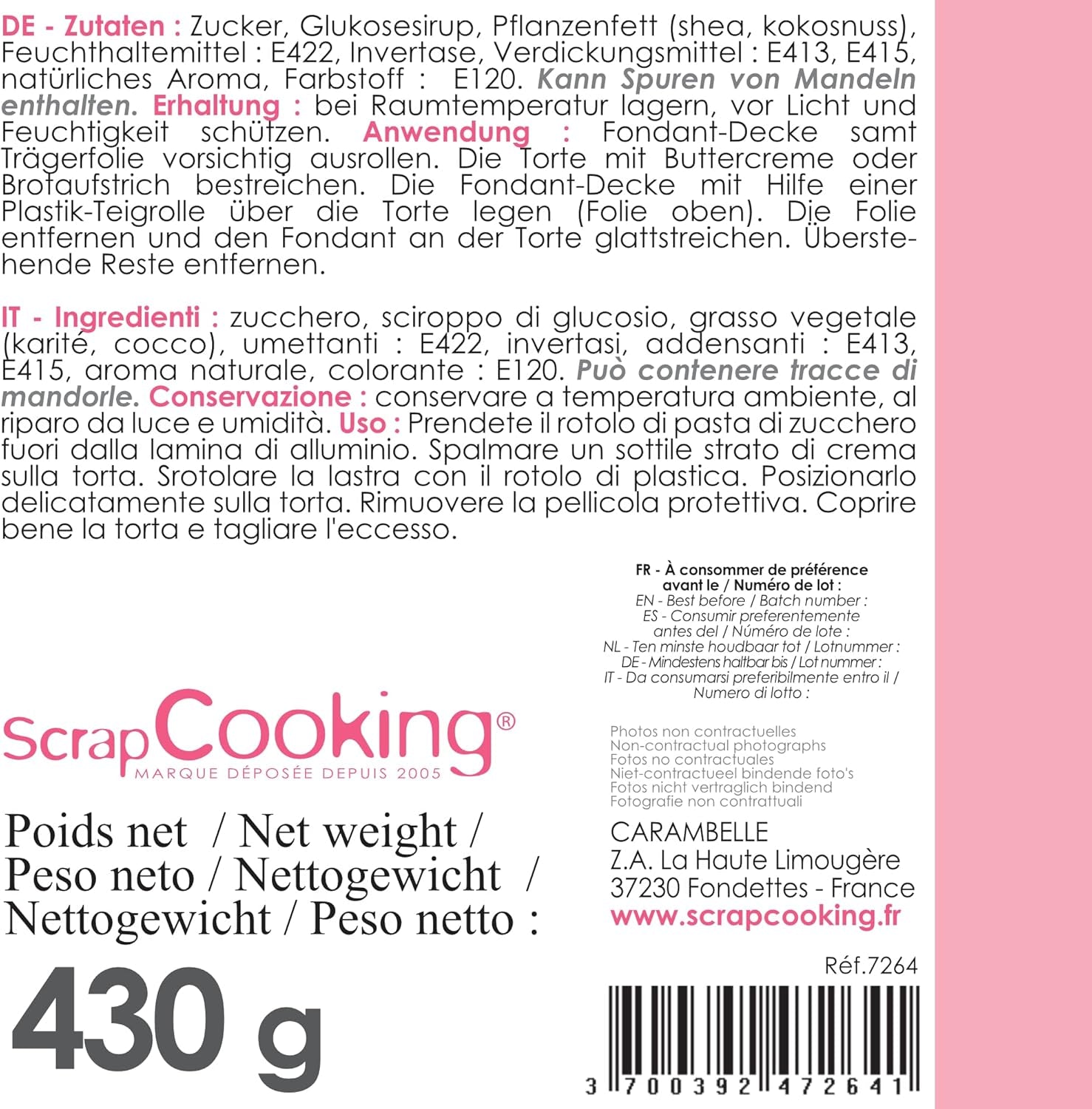 ScrapCooking - Rotolo di fondente rosa â'¬ 36 cm - Fondente nero arrotolato 430 g - Cake topper decorazione fondente topper per torte, dolci, compleanni, feste - Rosa - 7264 Pasta di zucchero Naty Shop