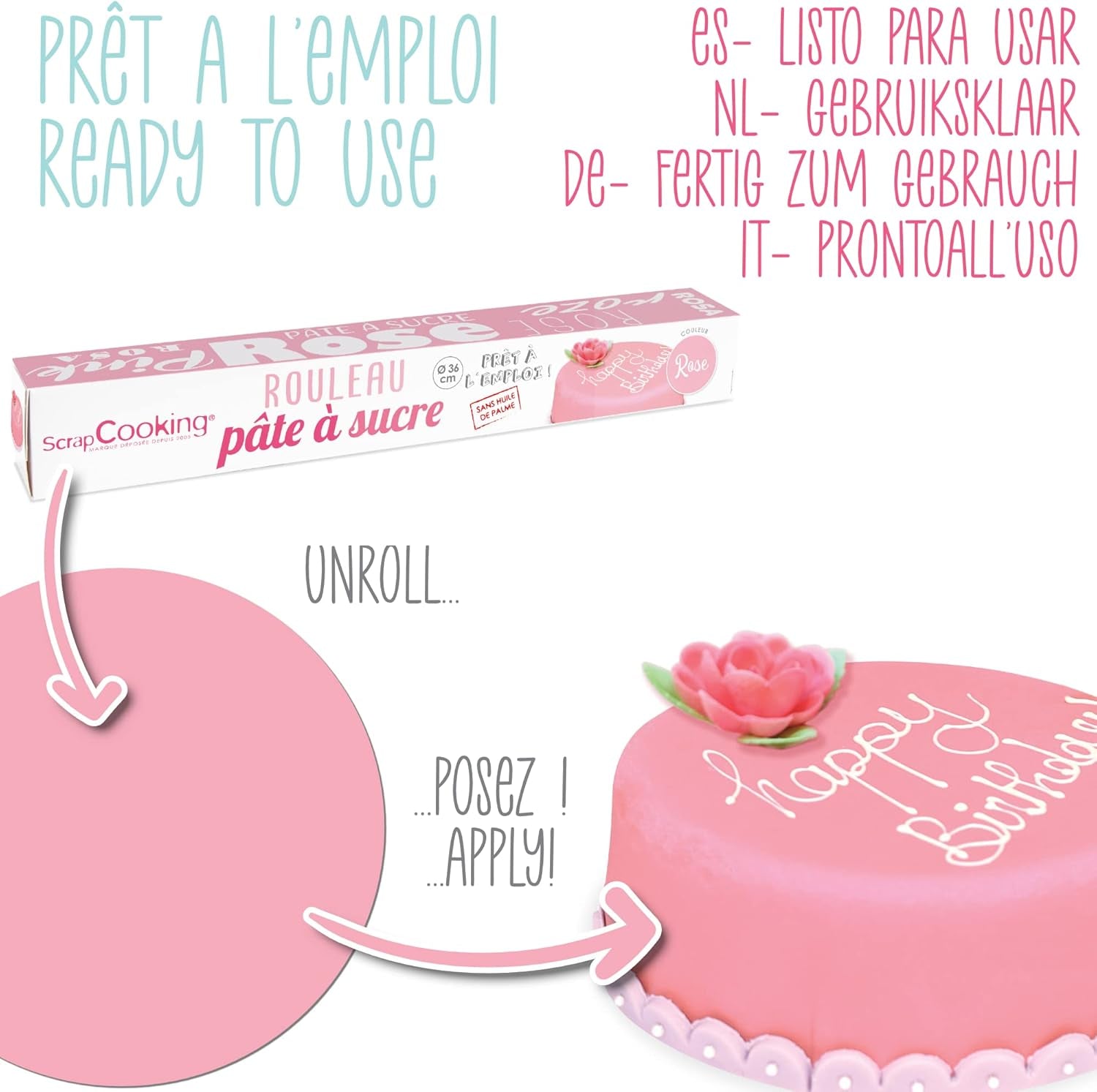 ScrapCooking - Rotolo di fondente rosa â'¬ 36 cm - Fondente nero arrotolato 430 g - Cake topper decorazione fondente topper per torte, dolci, compleanni, feste - Rosa - 7264 Pasta di zucchero Naty Shop