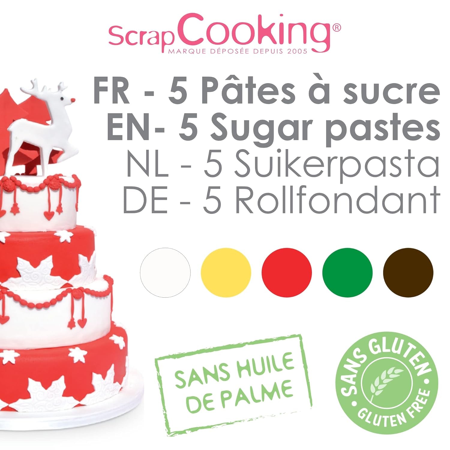 ScrapCooking - Set di 5 Fondant - bianco, giallo, rosso, verde e marrone - 5 x 80g - pasta di zucchero per torte Decorazioni per torte Compleanno Natale - senza glutine e senza olio di palma - 7257 Naty Shop Sugarpaste