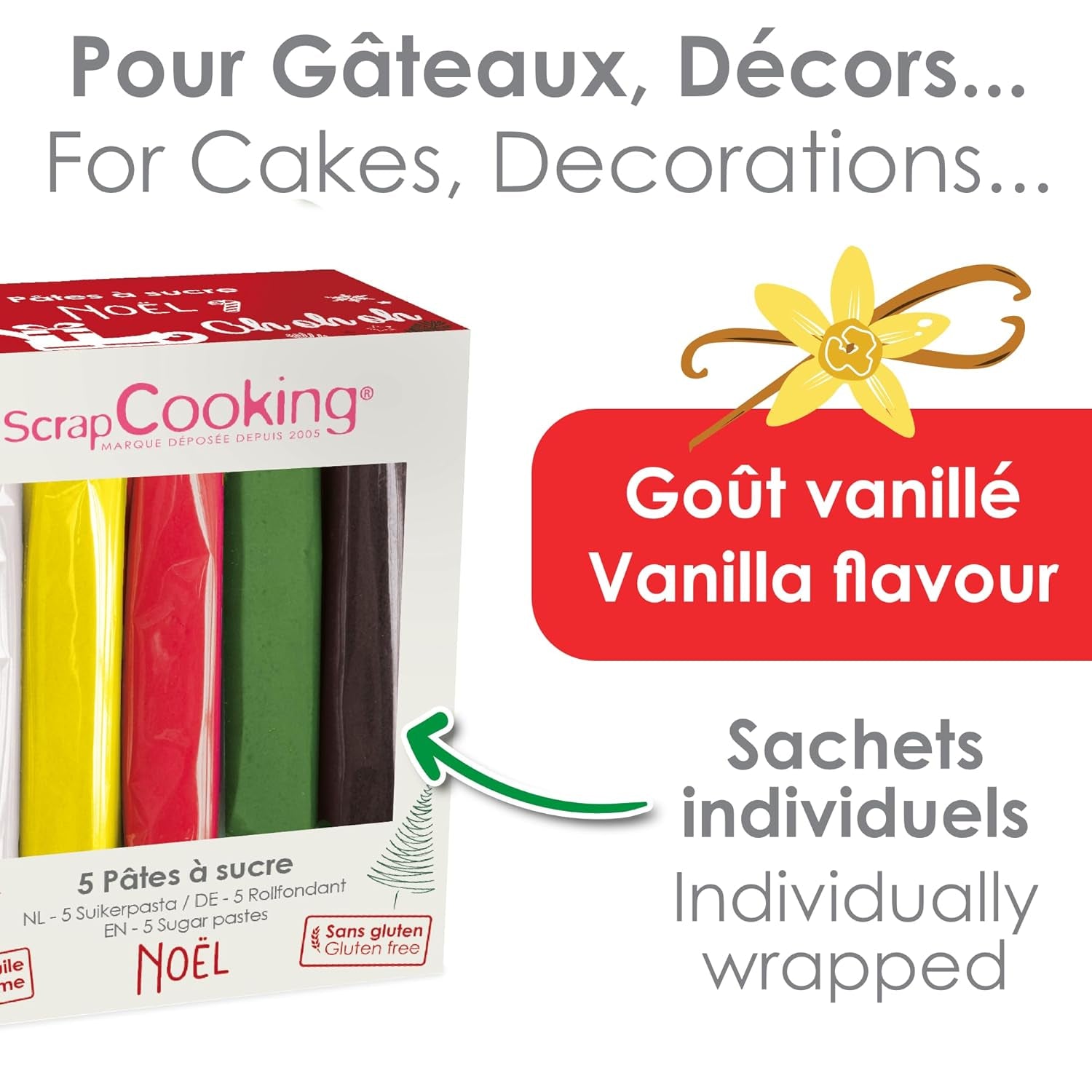 ScrapCooking - Set di 5 Fondant - bianco, giallo, rosso, verde e marrone - 5 x 80g - pasta di zucchero per torte Decorazioni per torte Compleanno Natale - senza glutine e senza olio di palma - 7257 Naty Shop Sugarpaste