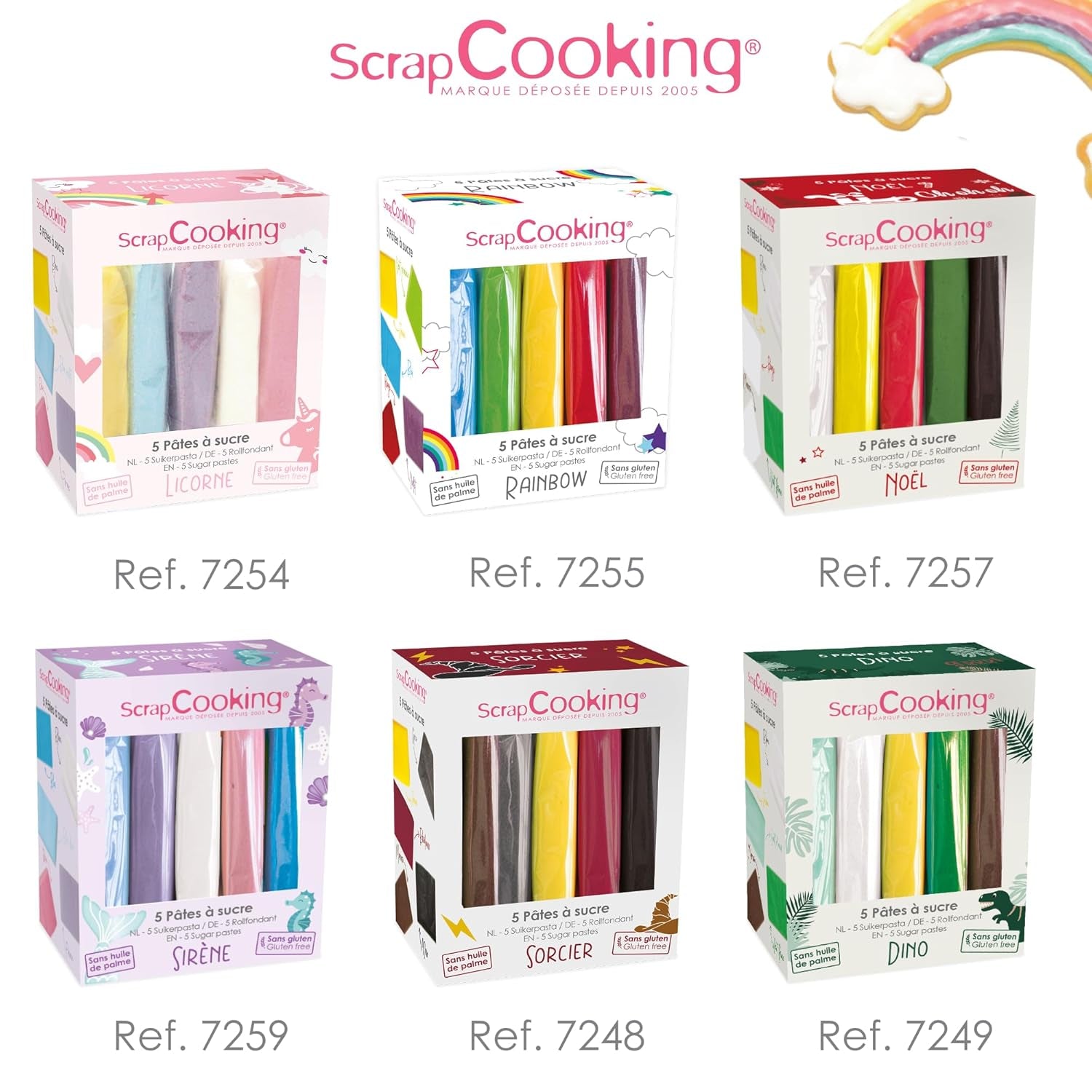 ScrapCooking - Set di 5 Fondant - bianco, giallo, rosso, verde e marrone - 5 x 80g - pasta di zucchero per torte Decorazioni per torte Compleanno Natale - senza glutine e senza olio di palma - 7257 Naty Shop Sugarpaste
