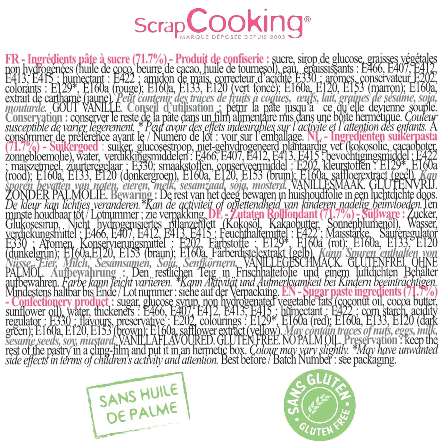 ScrapCooking - Set di 5 Fondant - bianco, giallo, rosso, verde e marrone - 5 x 80g - pasta di zucchero per torte Decorazioni per torte Compleanno Natale - senza glutine e senza olio di palma - 7257 Naty Shop Sugarpaste