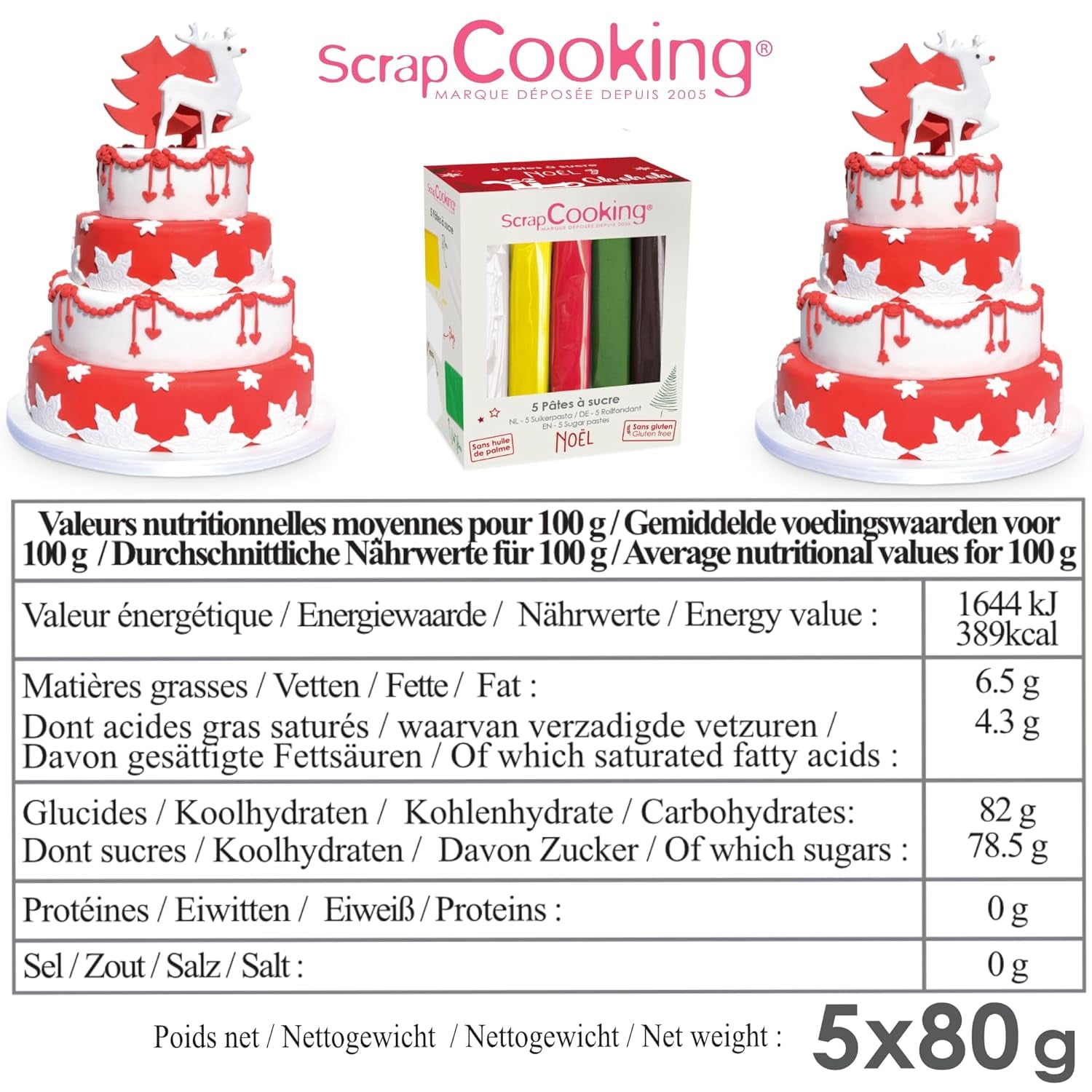 ScrapCooking - Set di 5 Fondant - bianco, giallo, rosso, verde e marrone - 5 x 80g - pasta di zucchero per torte Decorazioni per torte Compleanno Natale - senza glutine e senza olio di palma - 7257 Naty Shop Sugarpaste
