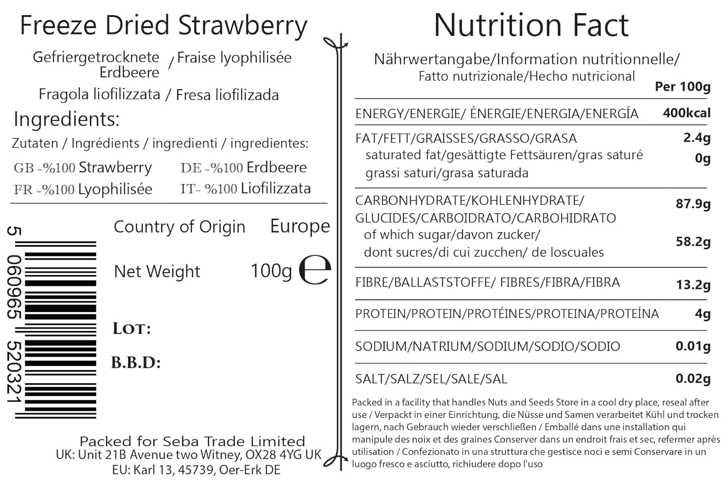 Seba Garden Fragole liofilizzate Premium, deliziose fragole mediterranee, non OGM e vegane (100 g) Prodotti secchi Il mio negozio