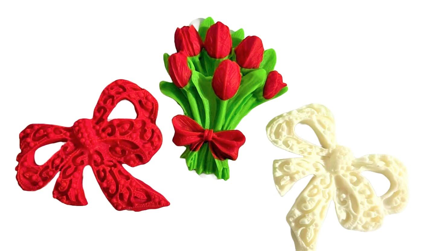 Set di 3 decorazioni in zucchero commestibile, Bouquet di tulipani e fiocchi Decorazioni in Pasta di Zucchero Nati Shop
