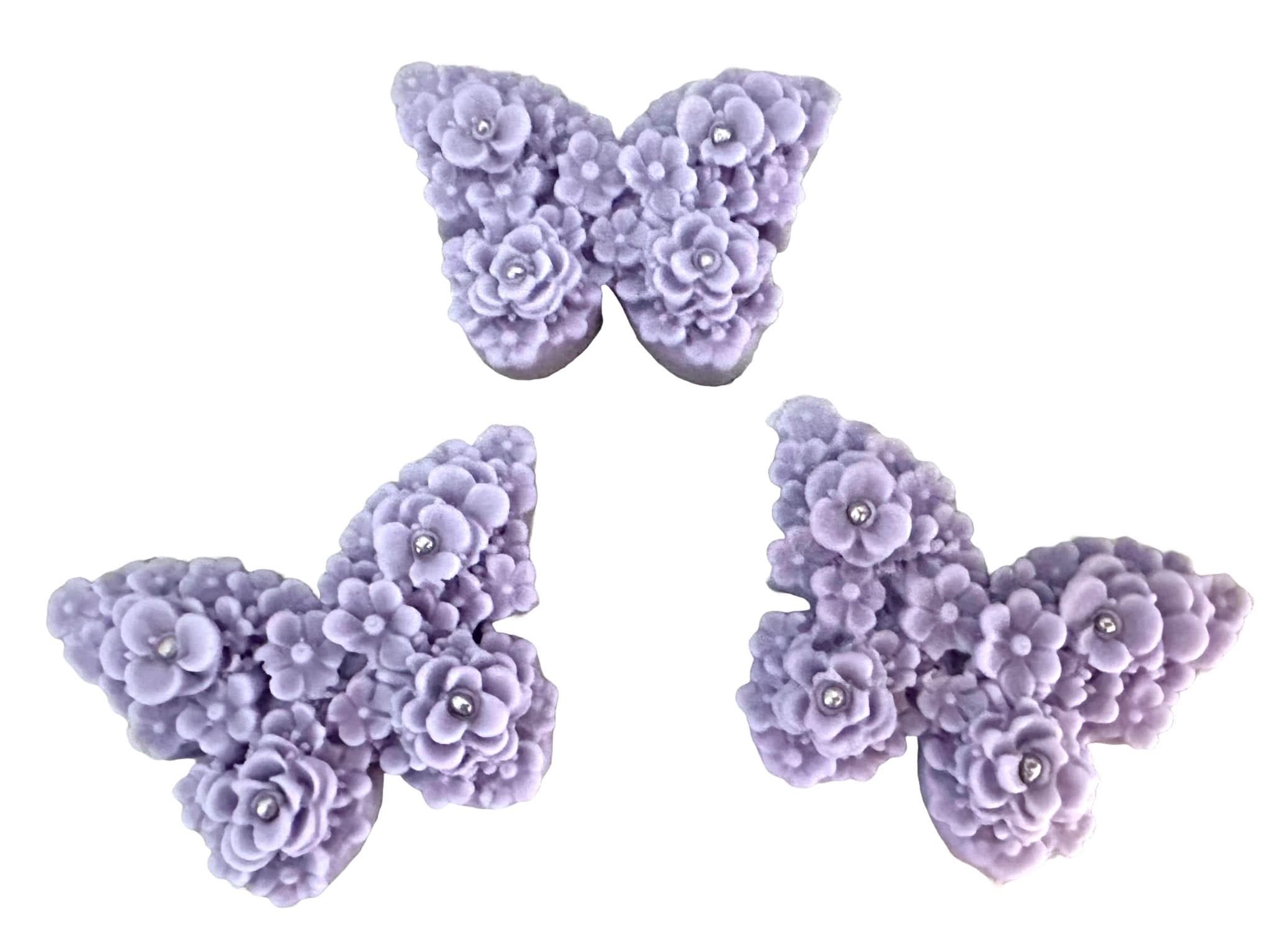 Set di 3 decorazioni in zucchero commestibile, Farfalle Viola Lilla Decorazioni in Pasta di Zucchero Nati Shop