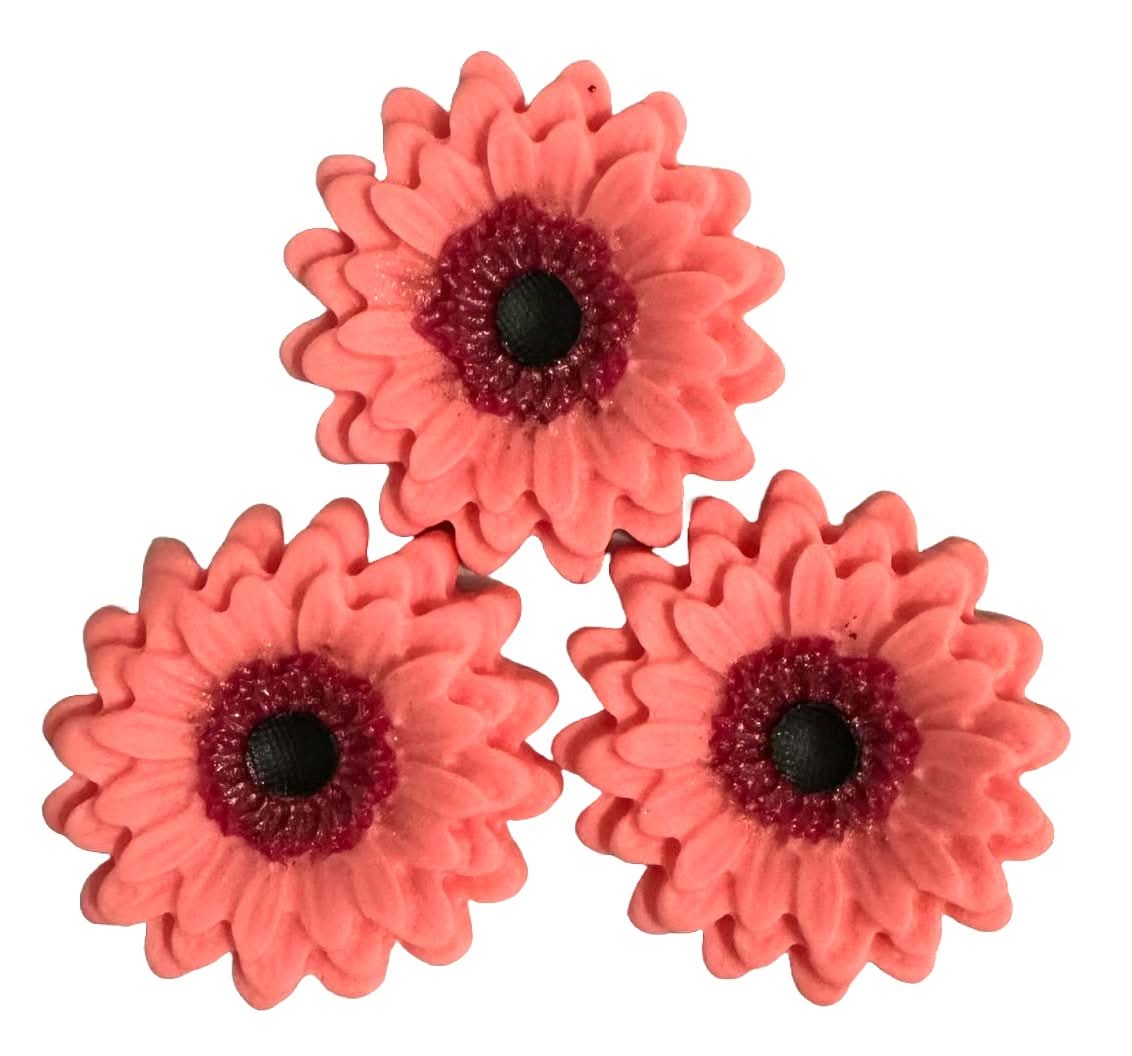 Set 3 decorazioni in zucchero commestibile, Gerbera rosa Decorazioni in Pasta di Zucchero Nati Shop