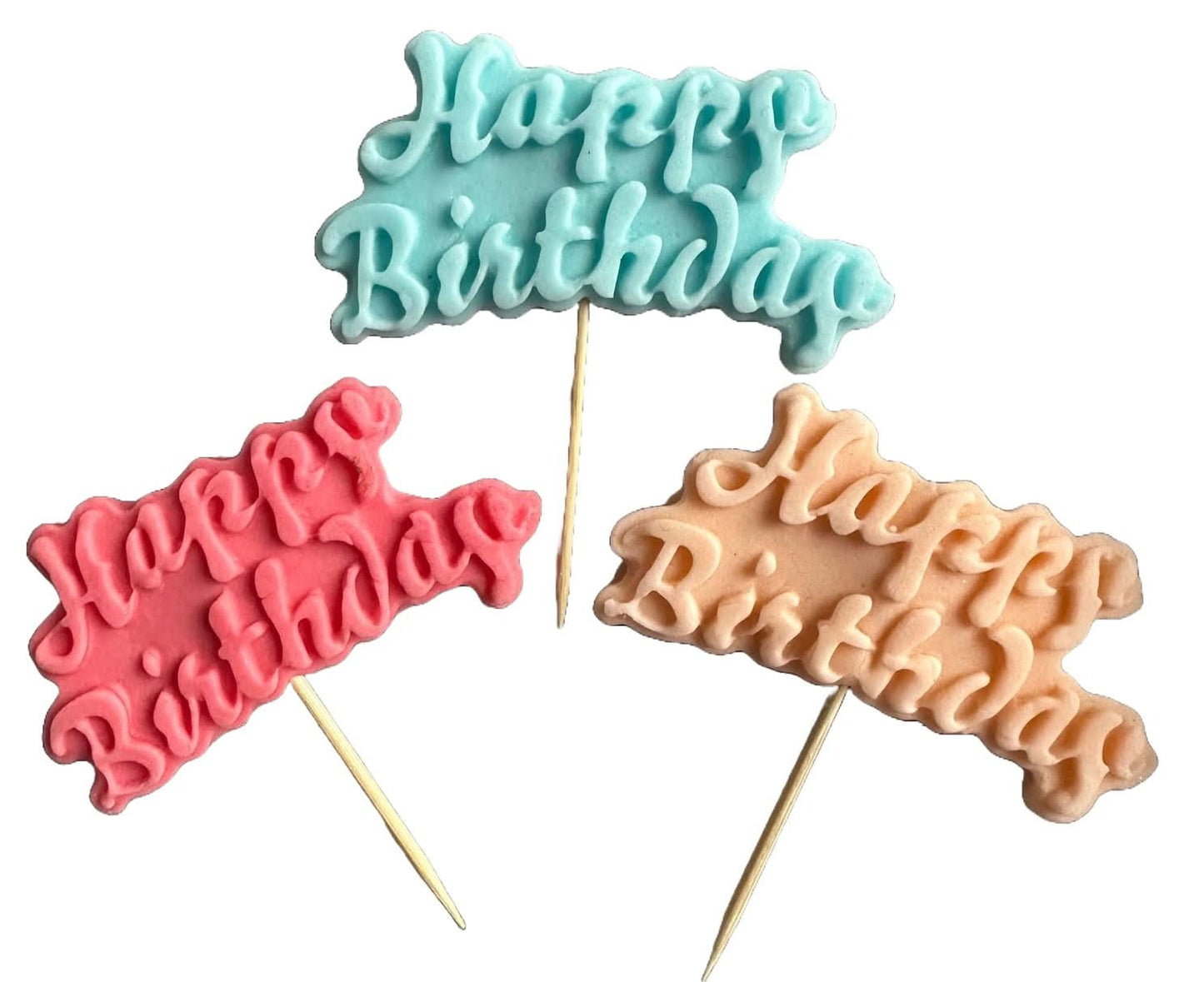Set 3 decorazioni in zucchero commestibile, Decorazioni in Pasta di Zucchero Happy Birthday Nati Shop