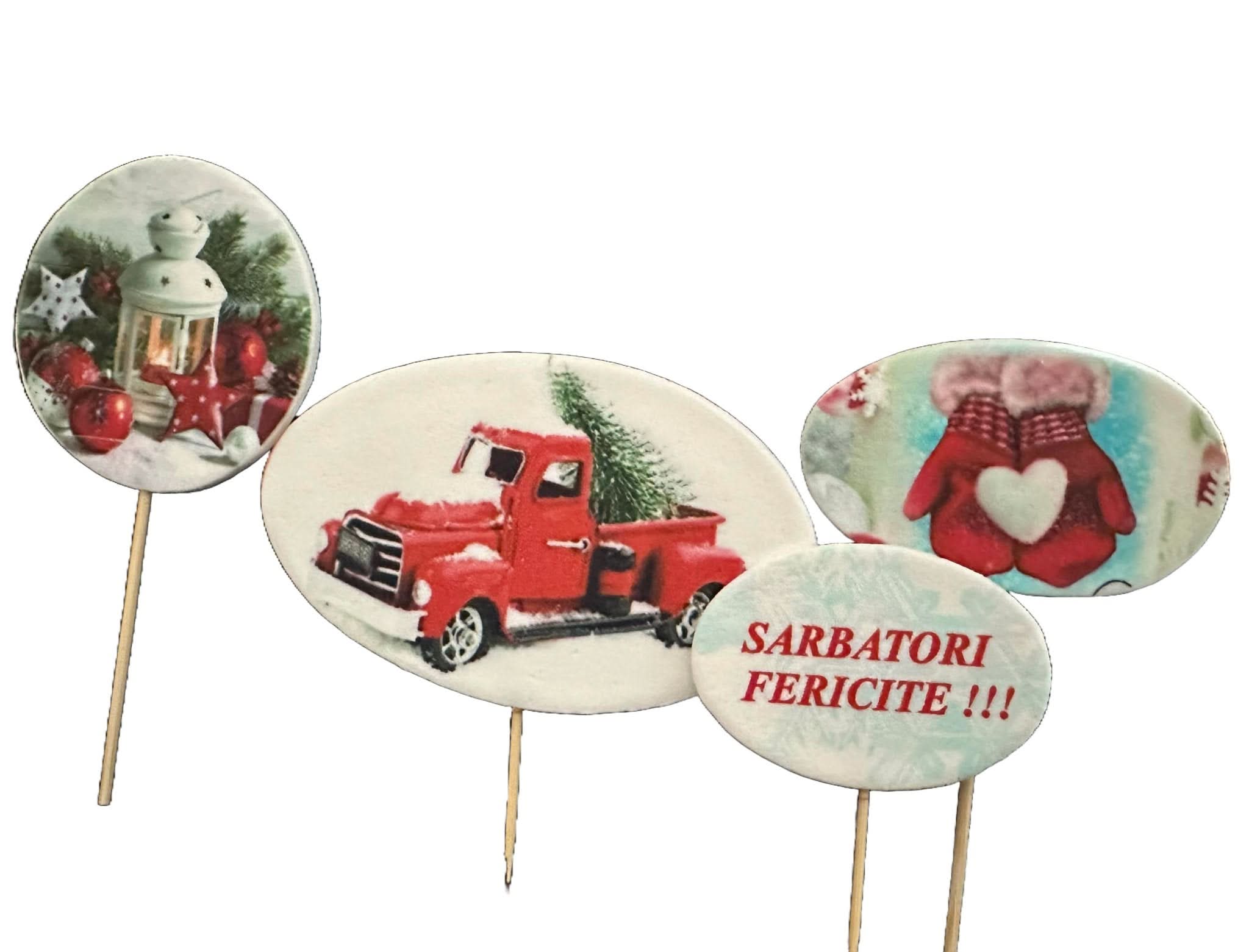 Set di 4 decorazioni in zucchero commestibile, Buone Feste! Nati Shop