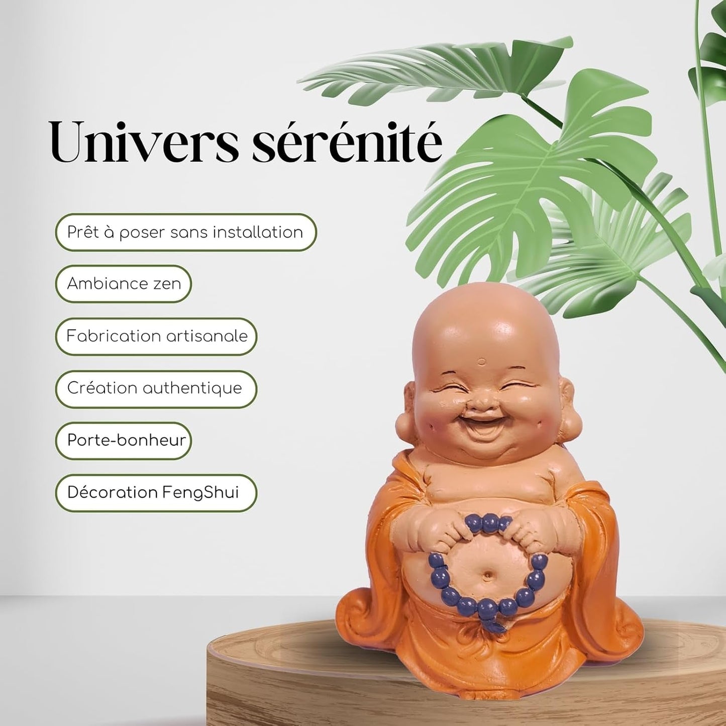 Statua del Buddha che ride con rosario - Statuina ispiratrice e allegra - Talismano fortunato pieno di positività - Idea regalo carina e spirituale - -H 10 cm - Zen'Light Statue e sculture Naty Shop