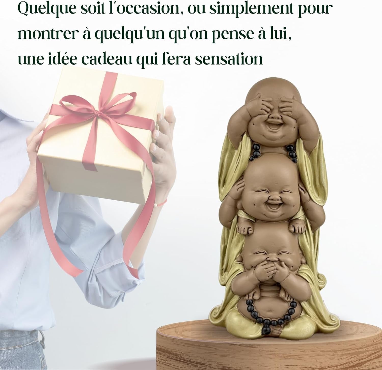 Statua 3 Buddha che ridono - Non vedere nulla - Non sentire nulla - Non dire nulla - Baby Buddha Insieme simbolico - Umore sereno e gioioso - Arredamento Zen -H 18 cm - Zen'Light Statue e sculture Naty Shop