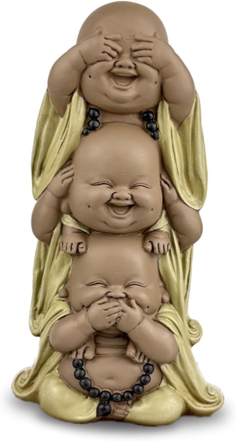 Statua 3 Buddha che ridono - Non vedere nulla - Non sentire nulla - Non dire nulla - Baby Buddha Insieme simbolico - Umore sereno e gioioso - Arredamento Zen -H 18 cm - Zen'Light Statue e sculture Naty Shop Marrone Beige H 18