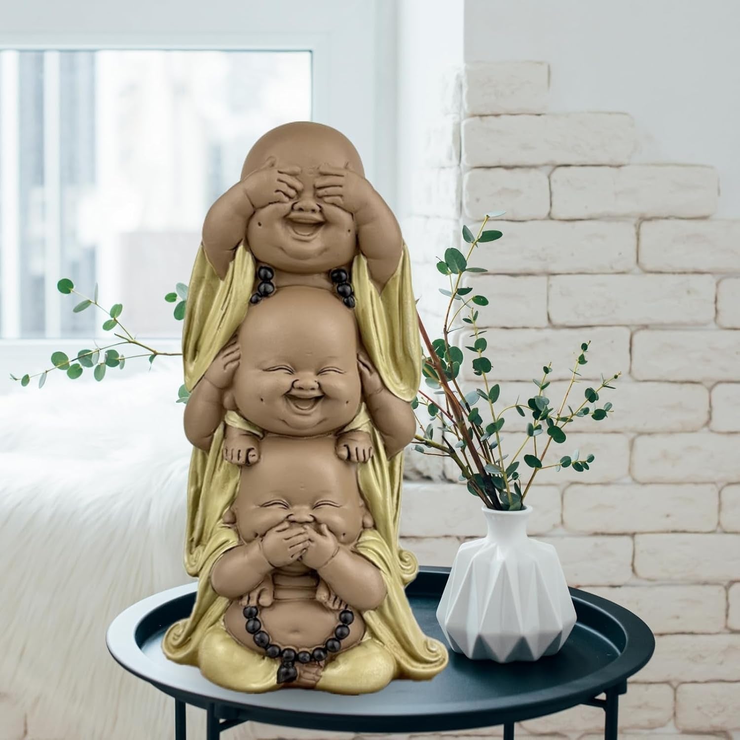 Statua 3 Buddha che ridono - Non vedere nulla - Non sentire nulla - Non dire nulla - Baby Buddha Insieme simbolico - Umore sereno e gioioso - Arredamento Zen -H 18 cm - Zen'Light Statue e sculture Naty Shop