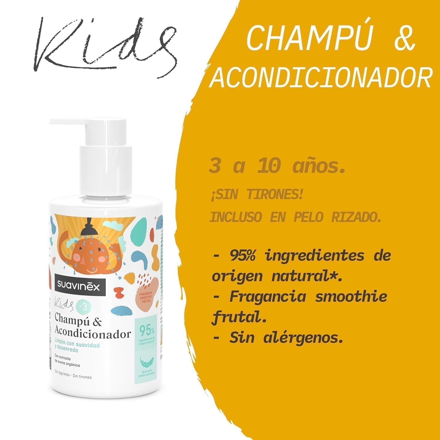 Suavinex, shampoo curativo per bambini da 3 a 10 anni, senza allergeni, senza parabeni, senza siliconi, adatto per pelli sensibili, senza strappi o strappi, 95% ingredienti di origine naturale, Bambini - Bagno e Cura della Pelle Naty Shop