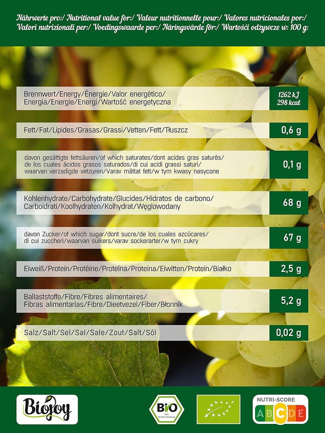 Uva sultanina biologica Biojoy (500 g), prodotti disidratati Naty Shop essiccati e non solforati