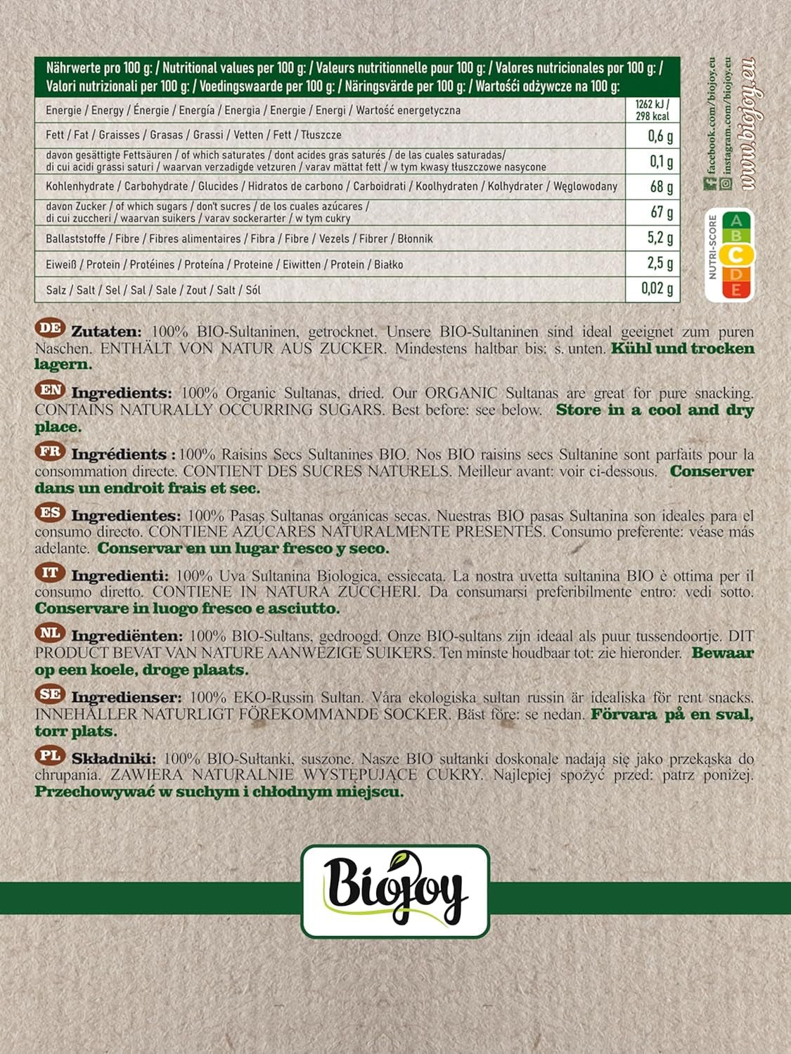 Uva sultanina biologica Biojoy (500 g), prodotti disidratati Naty Shop essiccati e non solforati