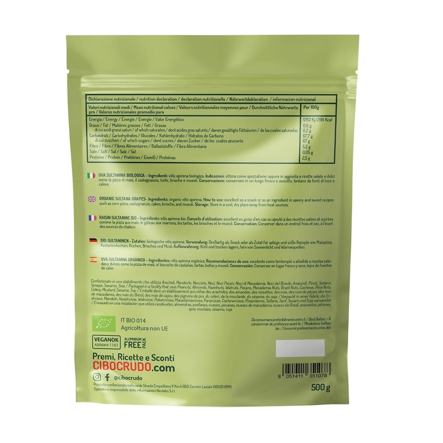 Uva sulfurea biologica - 500g. Disidratato e crudo. Uva sultanina disidratata senza zuccheri aggiunti da consumare come snack o dessert. Prodotti disidratati Naty Shop