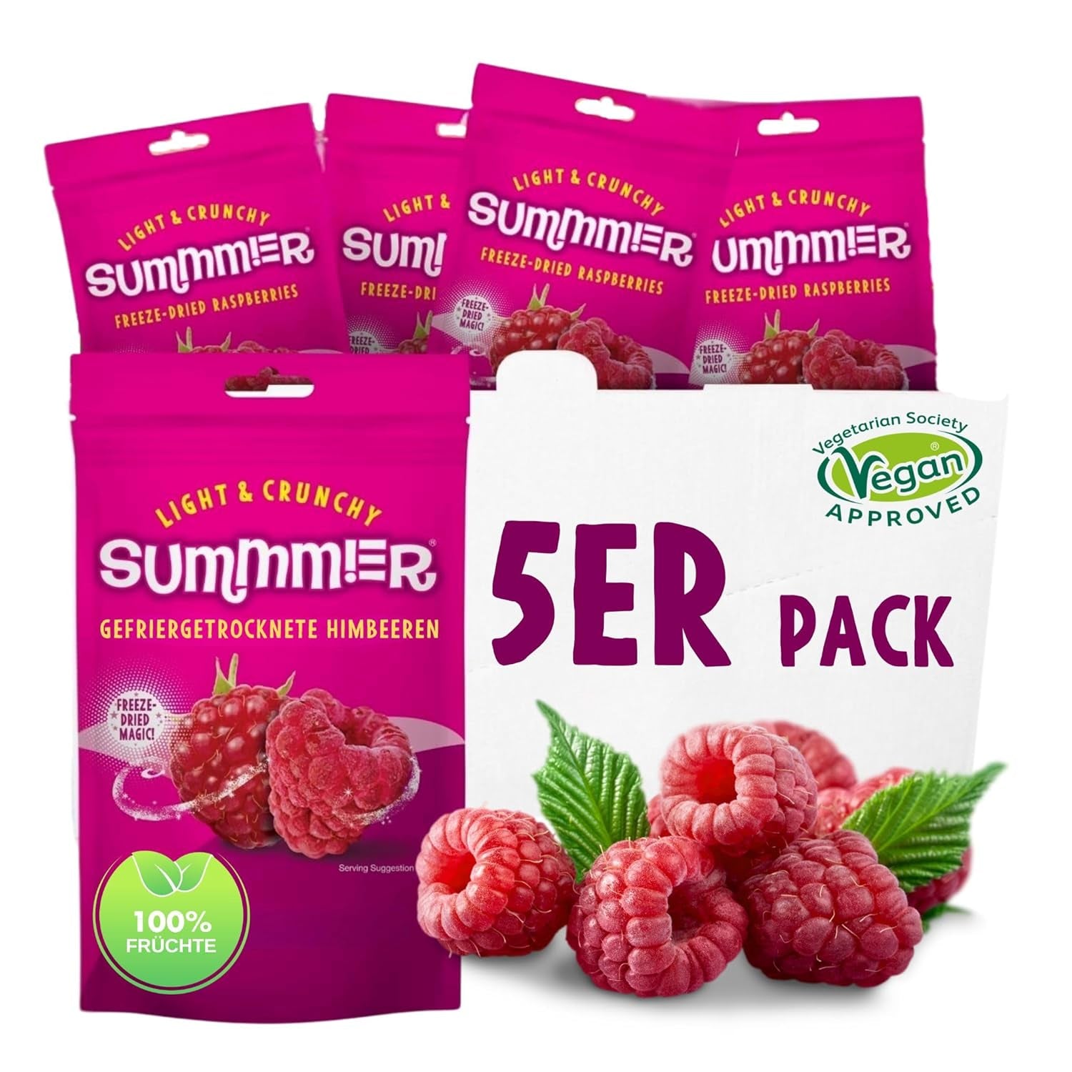 Fragole liofilizzate Summer - Confezione da 5 - Senza zucchero, 100% naturali, deliziosi snack croccanti per bambini e adulti, ideali per cereali e contenitori per il pranzo (55 g) Prodotti disidratati Naty Shop Confezione da 5 Lamponi