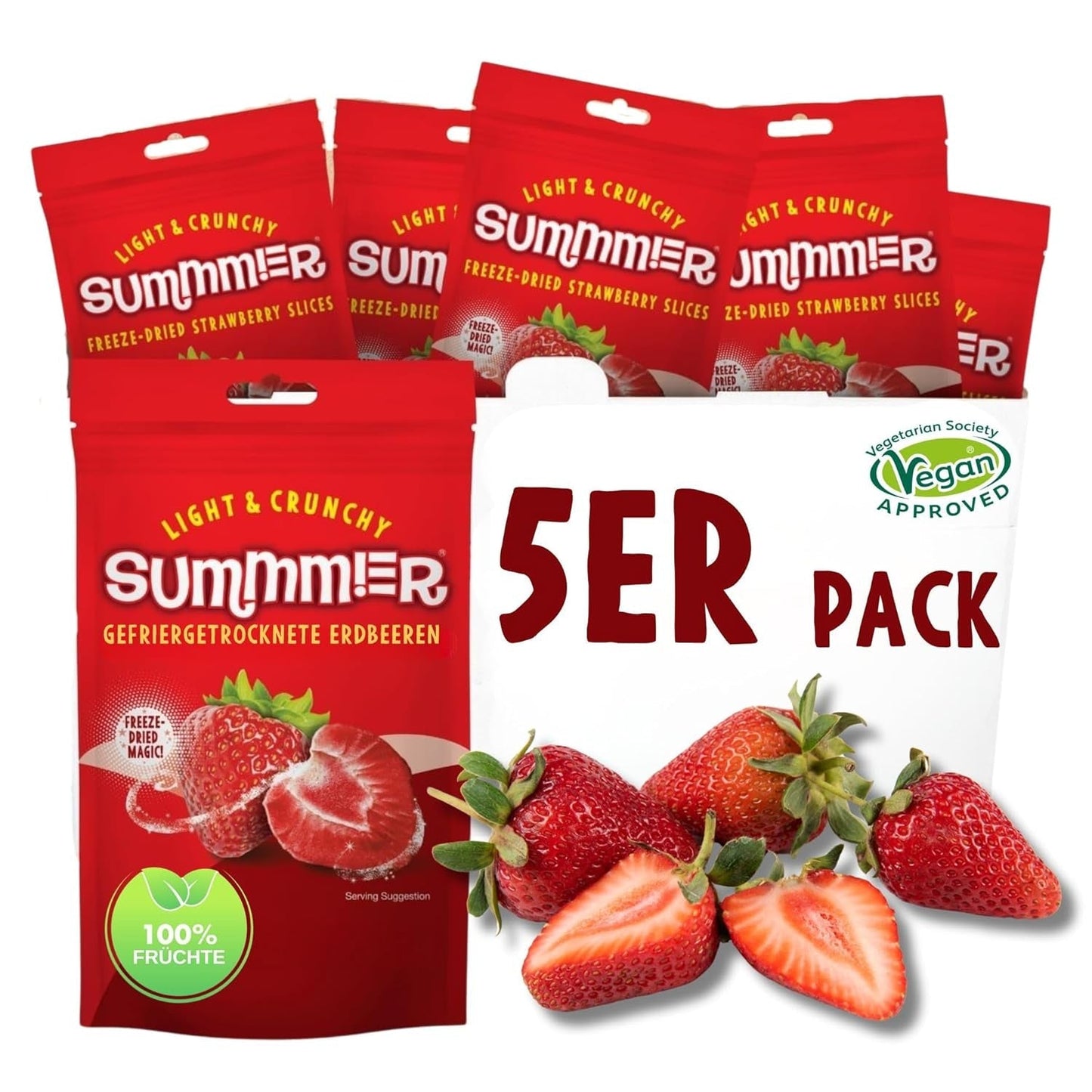 Fragole liofilizzate estive - confezione da 5 - senza zucchero, 100% naturali, deliziosi snack croccanti per bambini e adulti, ideali per cereali e lunch box (55g) Prodotti disidratati Naty Shop Confezione da 5 Fragole