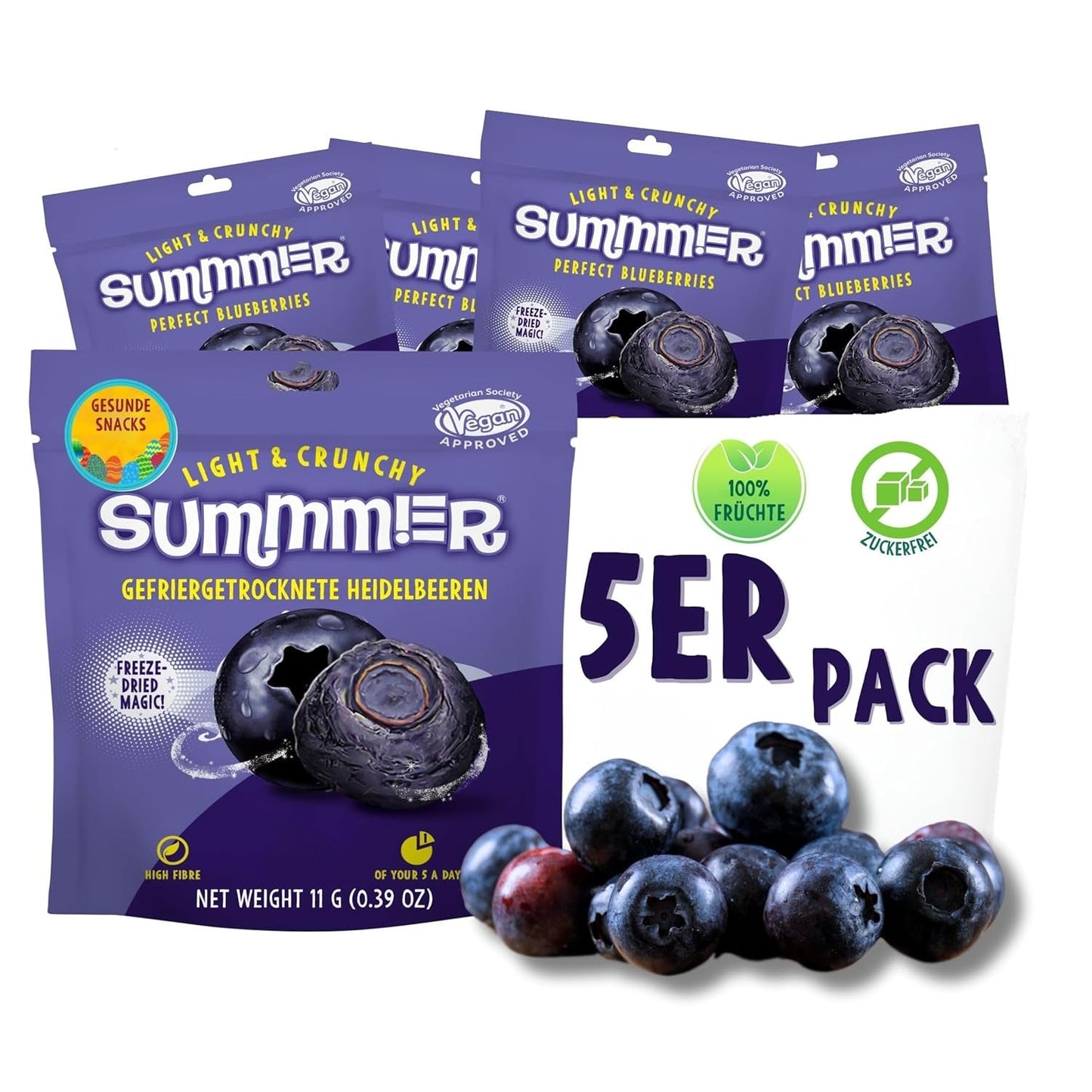 Fragole liofilizzate estive - confezione da 5 - senza zucchero, 100% naturali, deliziosi snack croccanti per bambini e adulti, ideali per cereali e lunch box (55g) Prodotti disidratati Naty Shop Confezione da 5 Mirtilli