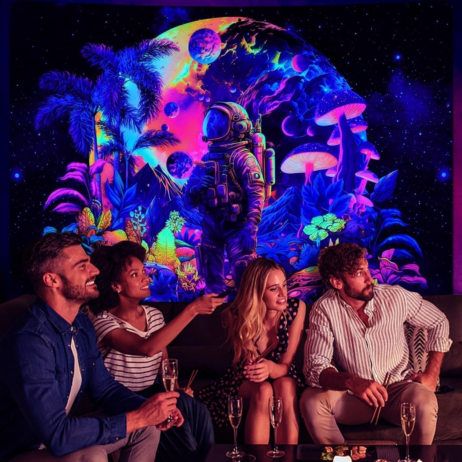 Arazzo alishomtll luce nera astronauta fungo fluorescente botanico Casa - Accessori e Decorazioni Naty Shop