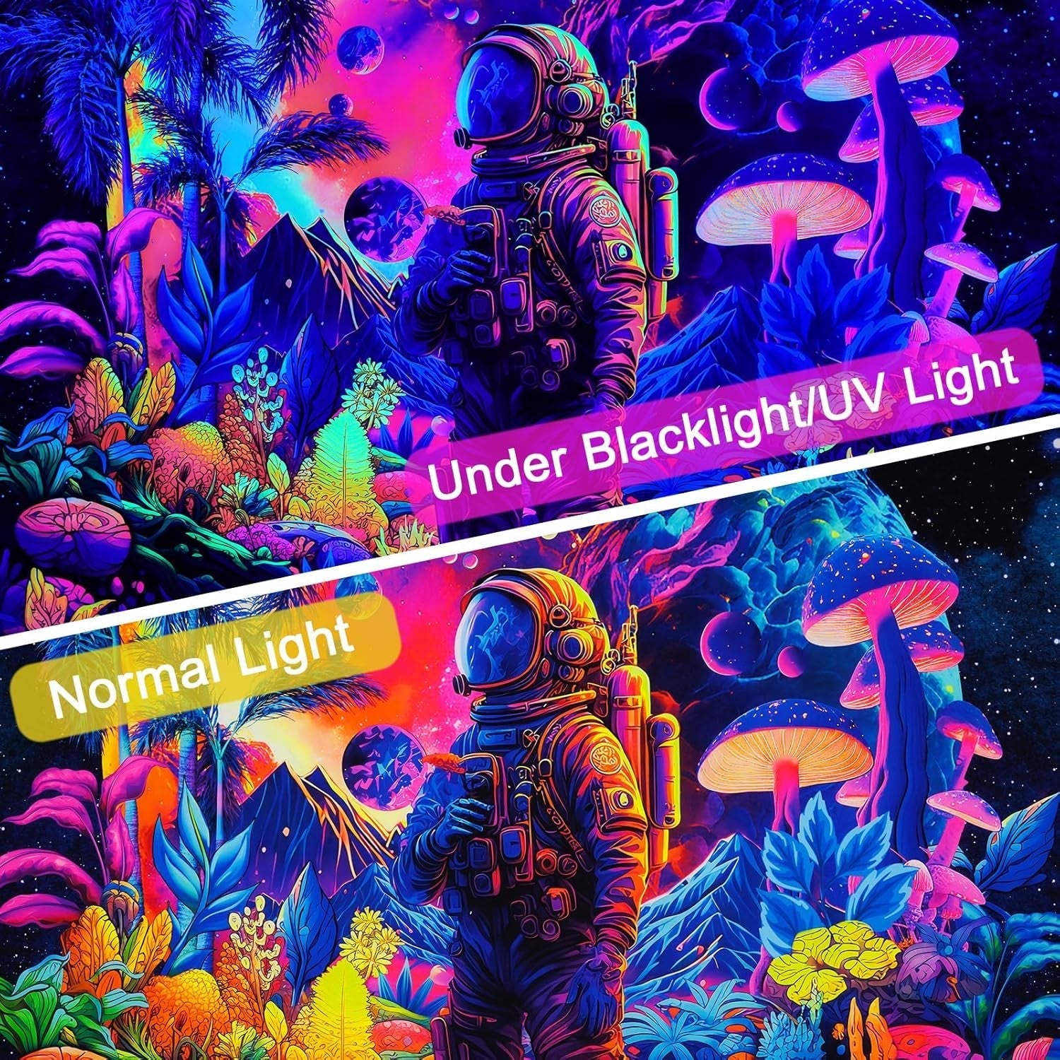 Arazzo alishomtll luce nera astronauta fungo fluorescente botanico Casa - Accessori e Decorazioni Naty Shop