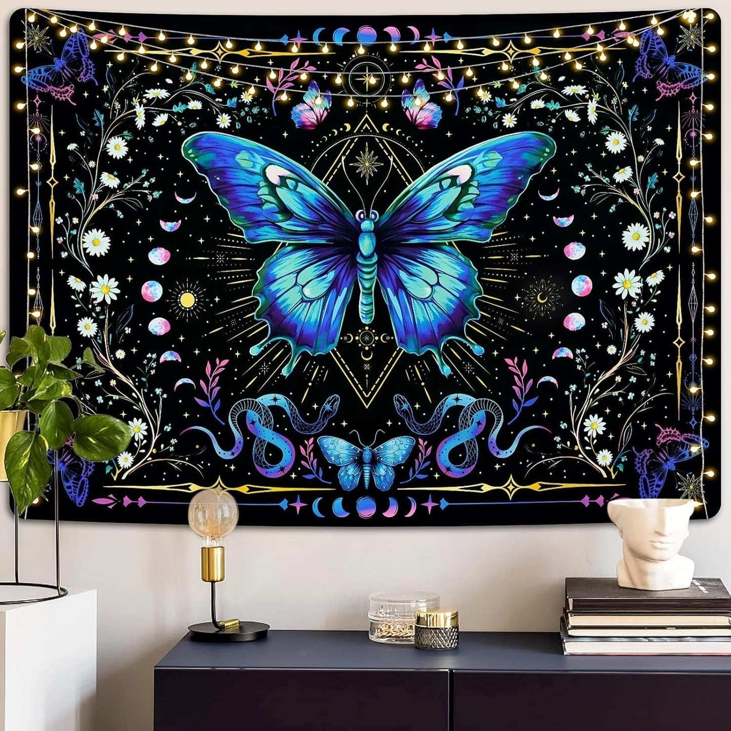 Arazzo alishomtll farfalla fasi lunari floreale margherita nero Home - Accessori e Decorazioni Naty Shop